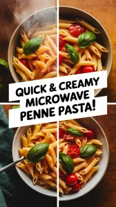 Delicious penne pasta cooked in the microwave with tomatoes and basil.