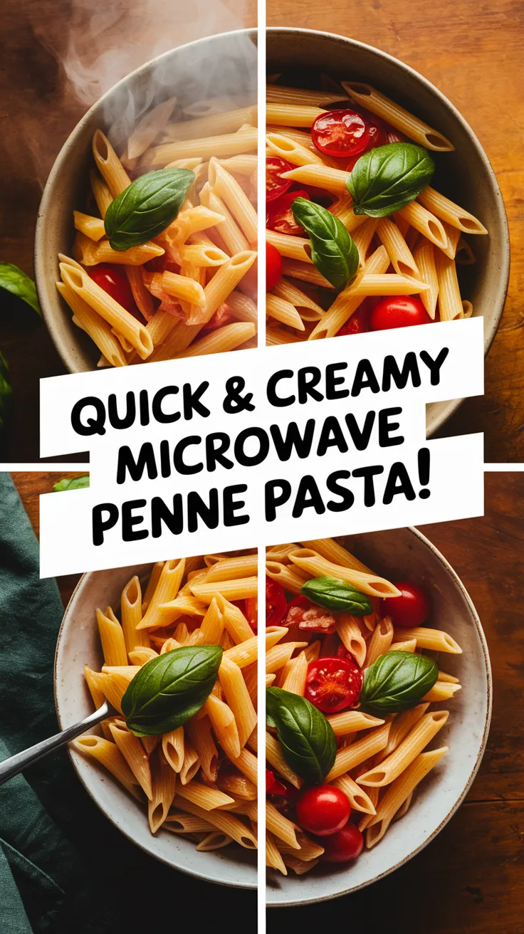Delicious penne pasta cooked in the microwave with tomatoes and basil.