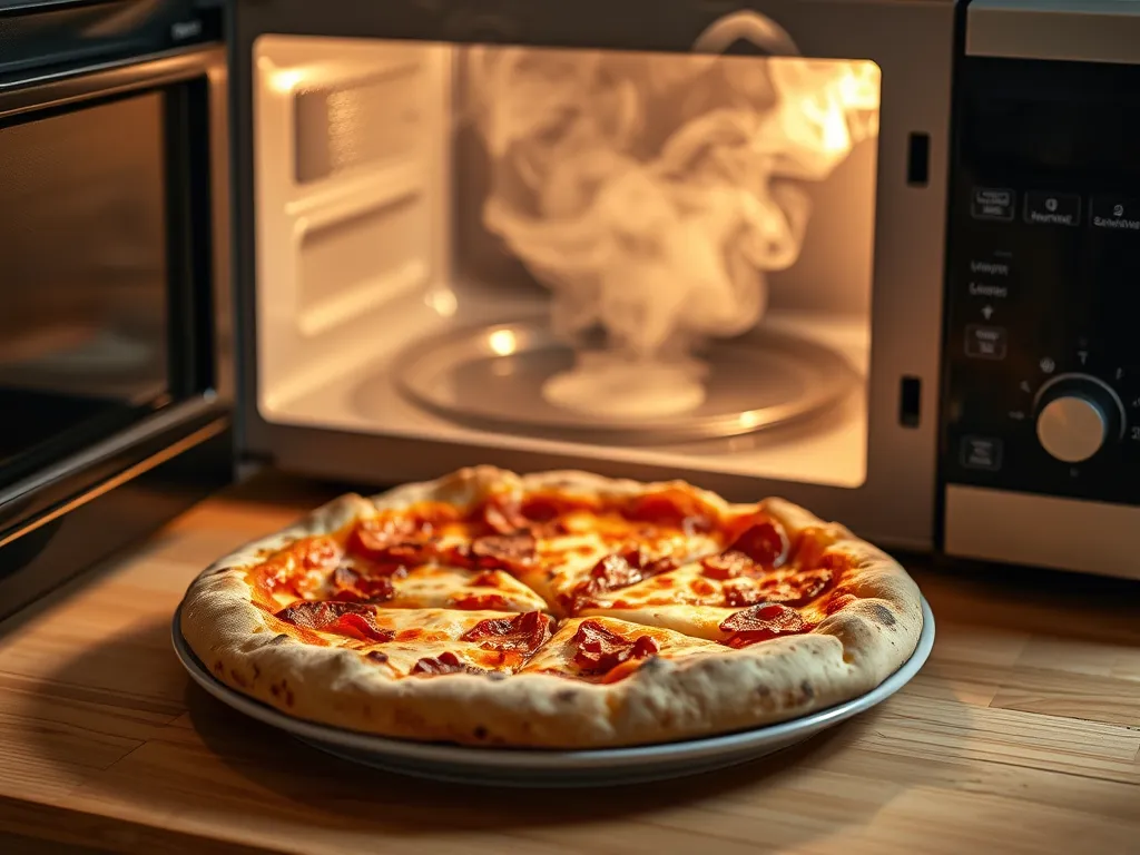 Delicious pizza in a microwave, illustrating the potential for appliance overload during pizza night.