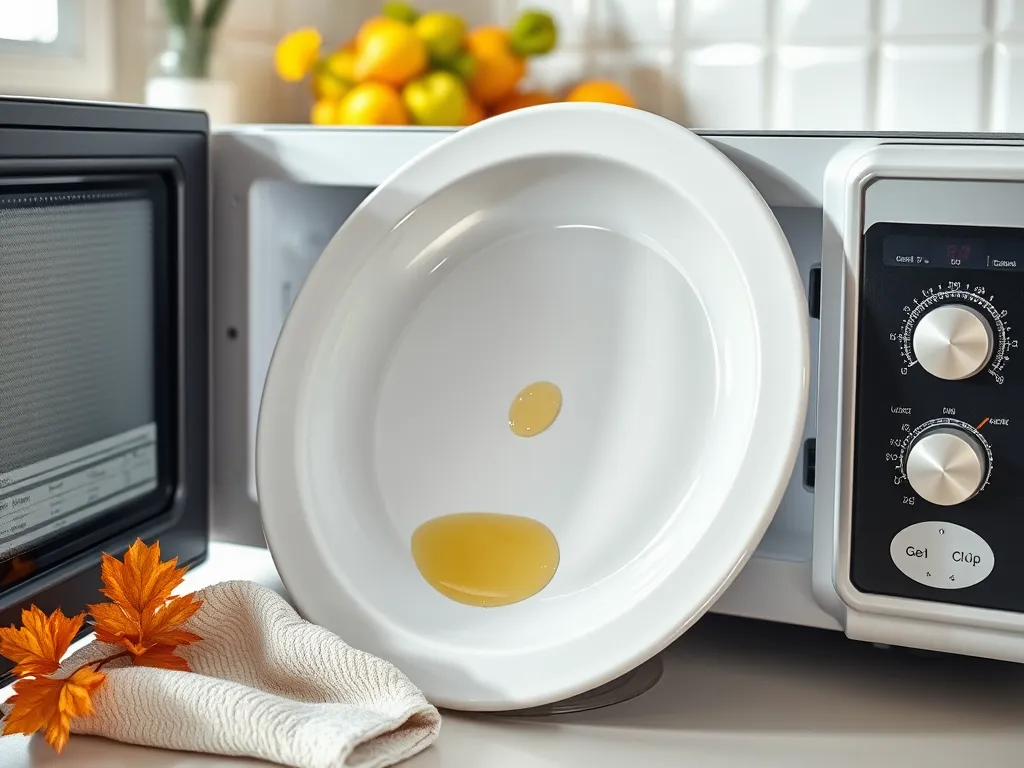 Dirty microwave plate with stains, highlighting the need for effective cleaning solutions.