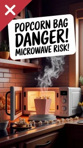 A microwave with a burning popcorn bag highlighting fire risks associated with popcorn preparation.