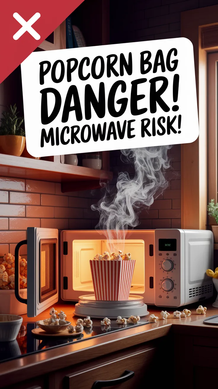 A microwave with a burning popcorn bag highlighting fire risks associated with popcorn preparation.
