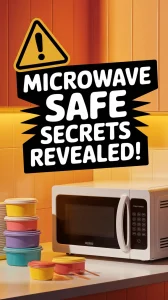 Microwave with warning sign about safe container usage at high power levels
