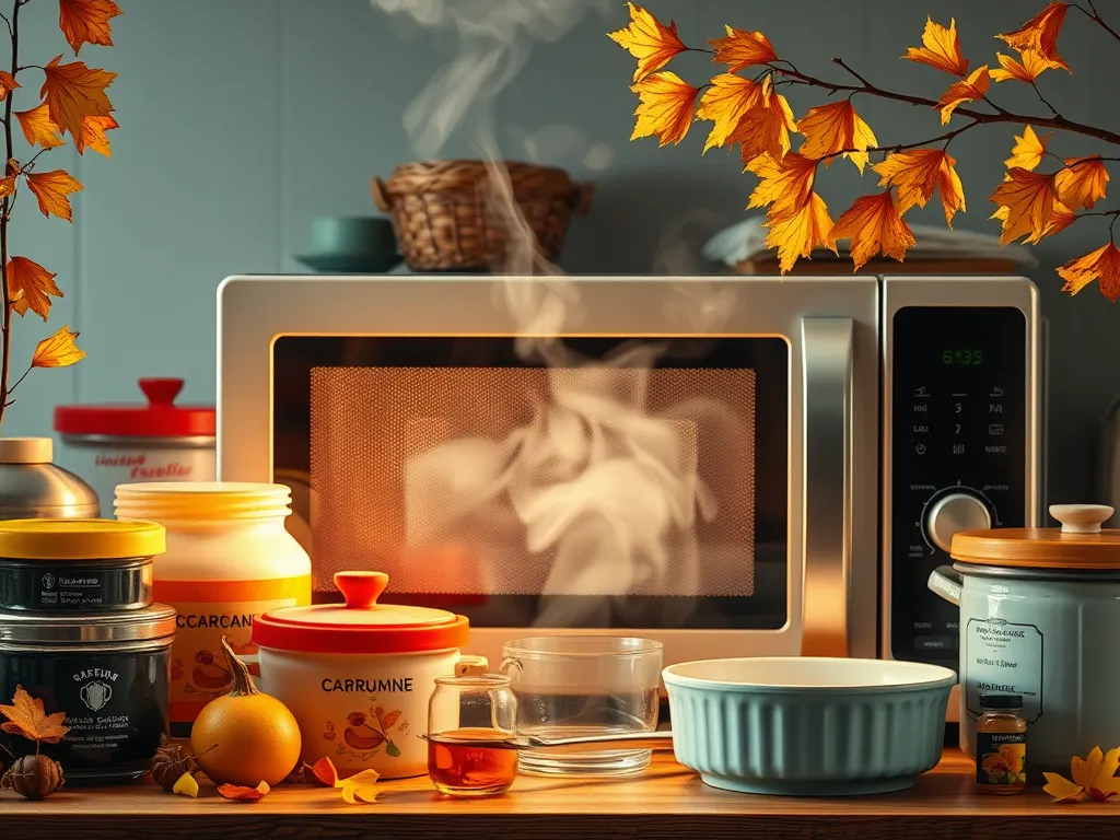 Microwave with steaming food containers showcasing different power levels for safety.