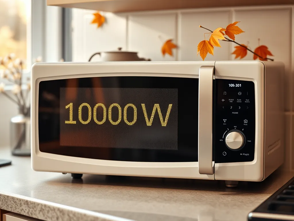 Microwave displaying 1000W power output in kitchen setting