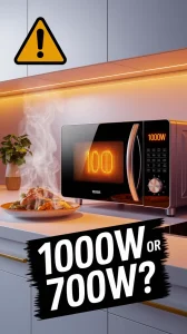 Image showing a 1000W microwave with cooking food and steam, illustrating power loss issues.