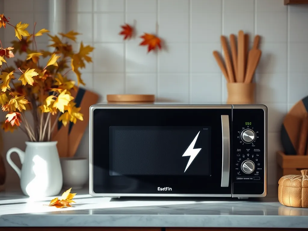 Microwave with lightning symbol representing power surge protection during storms
