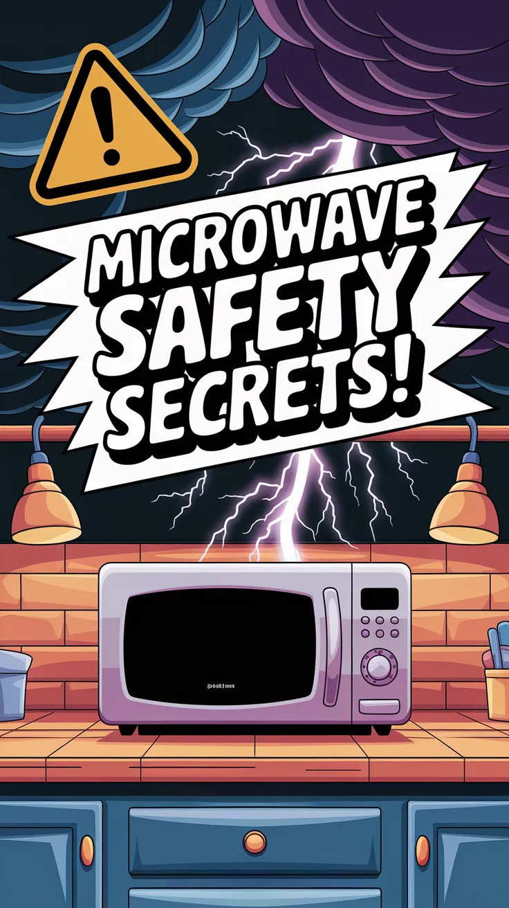 Illustration depicting microwave safety tips during power surges and storms