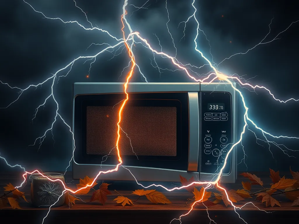 Microwave surrounded by lightning representing power surge risks during storms.