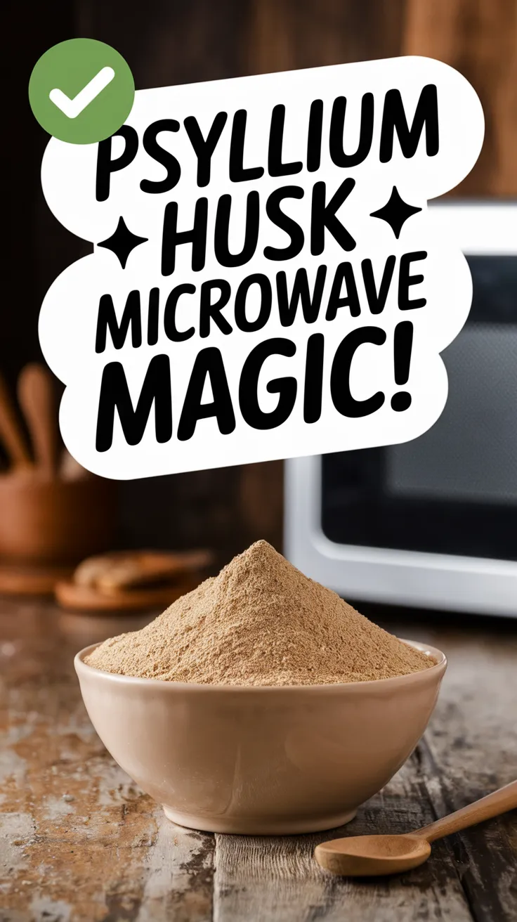 Bowl of psyllium husk with a microwave in the background, related to microwaving psyllium husk for baking.