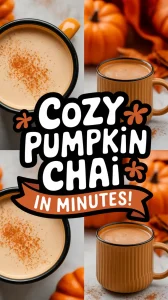 Delicious microwave pumpkin chai in a cozy mug decorated with pumpkin spice.