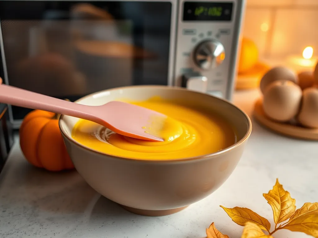 Preparation of pumpkin custard in a bowl, ideal for microwaving without curdling.