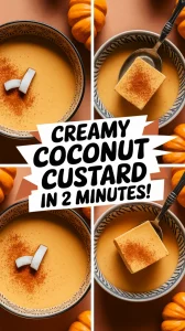 Delicious microwave pumpkin custard with coconut milk, garnished with a slice of coconut and cinnamon.