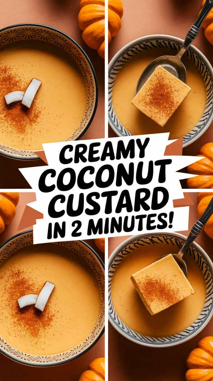 Delicious microwave pumpkin custard with coconut milk, garnished with a slice of coconut and cinnamon.
