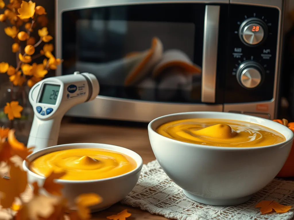 Pumpkin custard in bowls with a thermometer in front of a microwave, perfect for microwave pumpkin custard without curdling.
