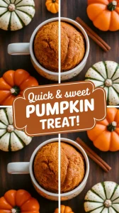 2-Minute Microwave Pumpkin Mug Cake with no sugar, garnished with pumpkins and cinnamon.