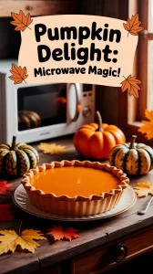 Delicious pumpkin pie ready to be microwaved surrounded by decorative pumpkins and autumn leaves.