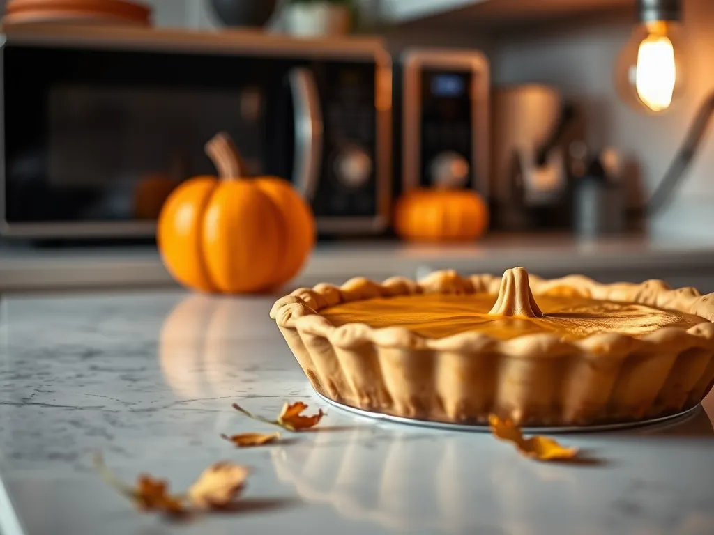 Delicious pumpkin pie ready to be microwaved with pumpkins in the background.