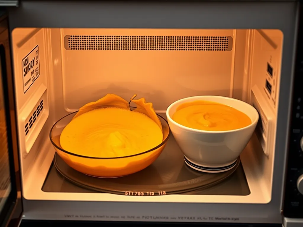 Pumpkin puree being microwaved for custard preparation.