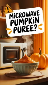 A bowl of pumpkin puree with a microwave in the background, emphasizing safe microwaving for custard.