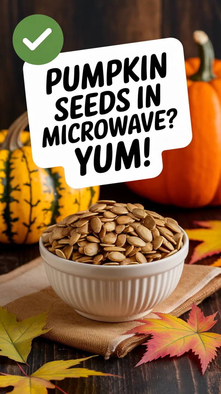 Bowl of pumpkin seeds ready for microwaving, surrounded by autumn leaves and pumpkins.