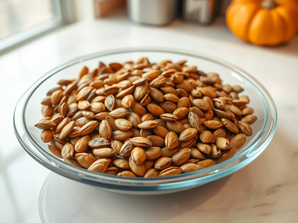 Bowl of roasted pumpkin seeds ready for microwaving