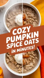 Delicious microwave pumpkin spice oats served in bowls with a dollop of yogurt and pumpkin puree.