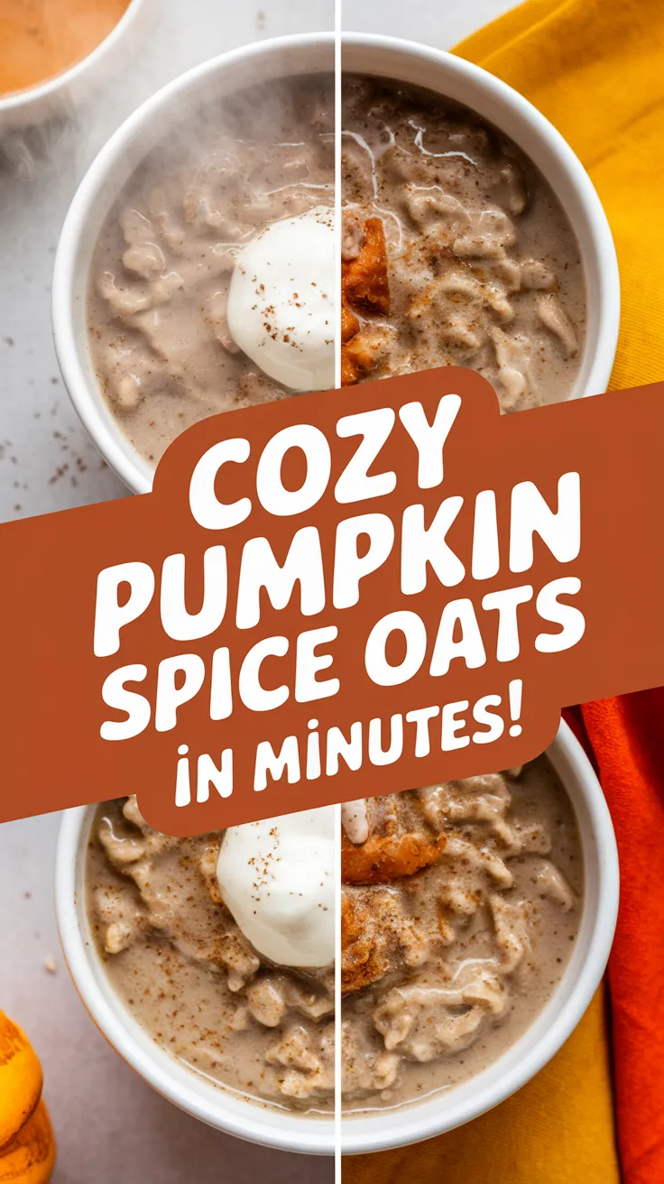 Delicious microwave pumpkin spice oats served in bowls with a dollop of yogurt and pumpkin puree.