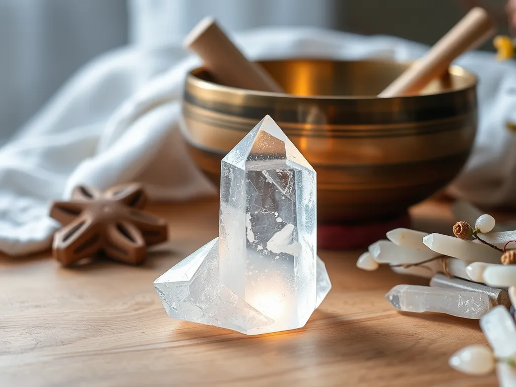 Quartz crystals placed near a singing bowl for energy cleansing