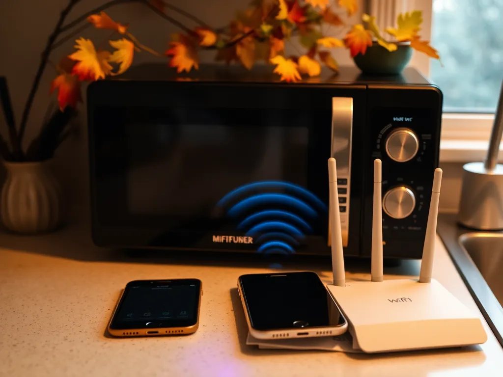 Microwave oven with smartphones and a WiFi router illustrating microwave radiation leakage