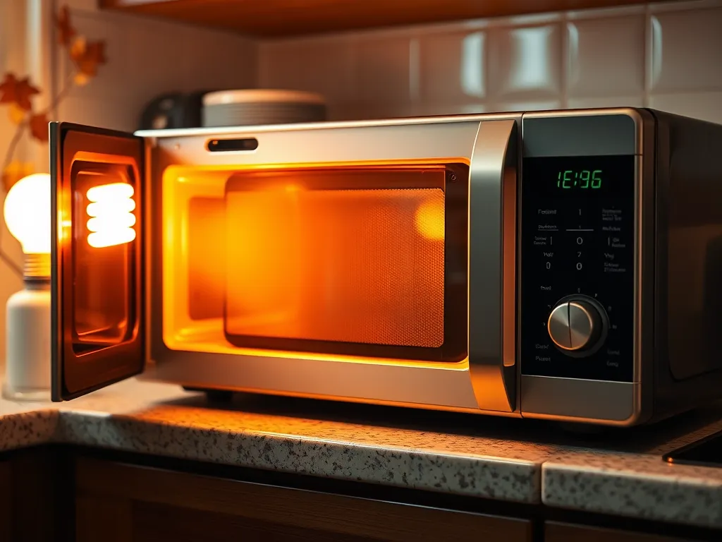 Microwave oven with CFL bulb illuminating inside, revealing radiation leaks.