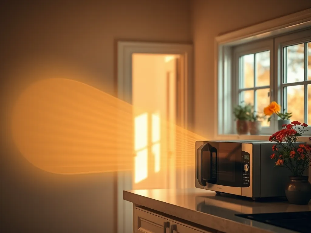 A microwave oven in a kitchen emitting radiation, related to microwave radiation and WiFi safety.