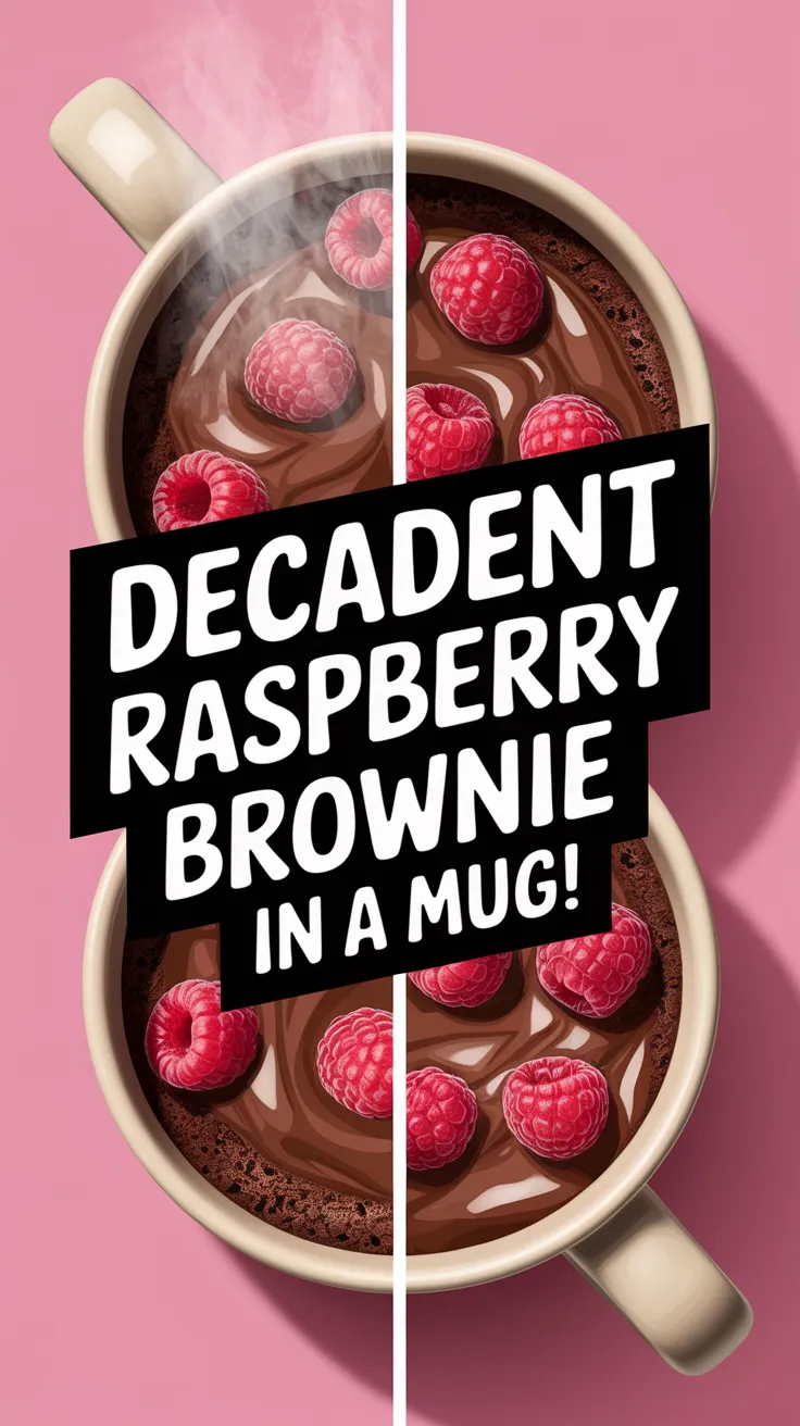Delicious microwave raspberry brownie mug topped with fresh raspberries.
