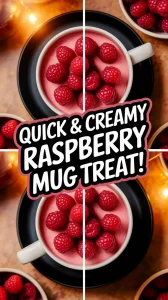Delicious microwave raspberry cheesecake mug topped with fresh raspberries.