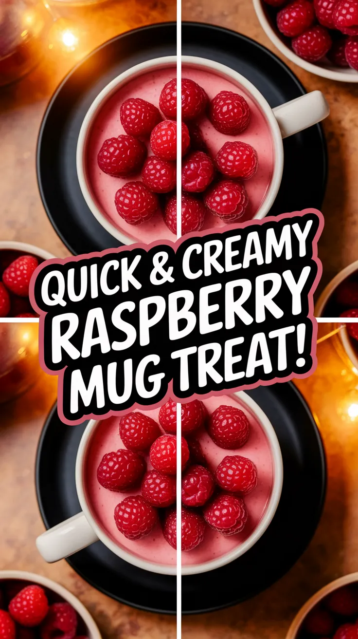 Delicious microwave raspberry cheesecake mug topped with fresh raspberries.