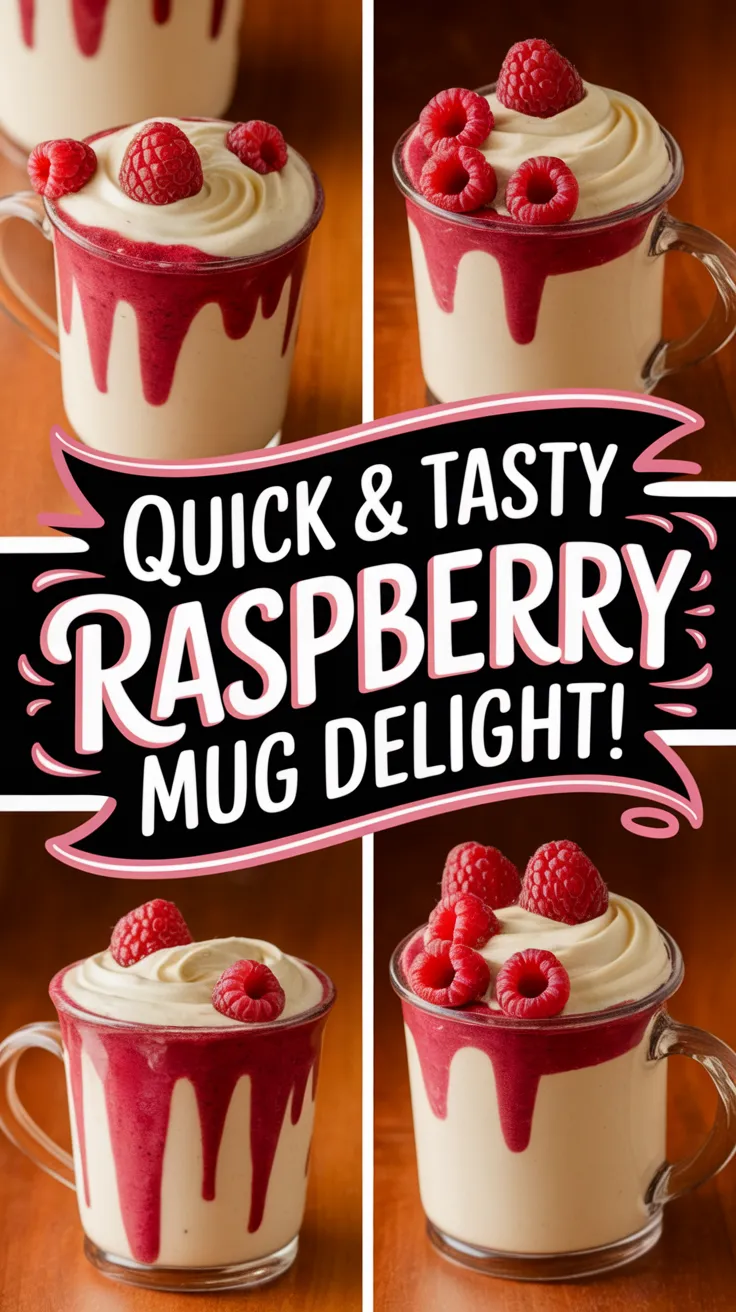 Delicious microwave raspberry vanilla mug filled with creamy goodness and topped with fresh raspberries.