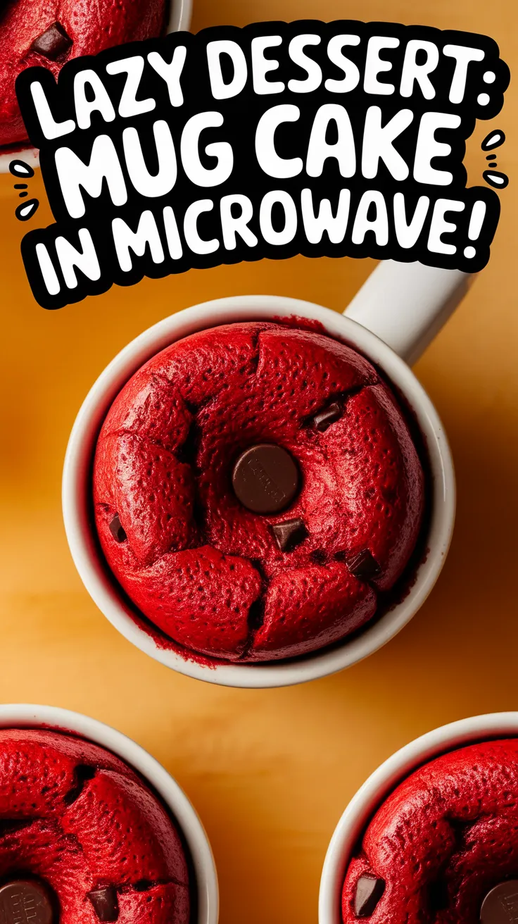 Microwave red velvet mug cake topped with chocolate chips