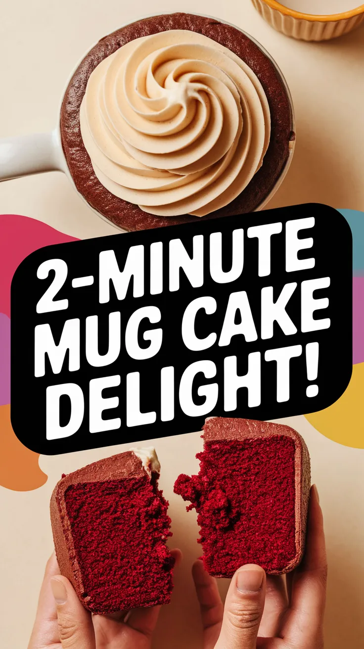 Delicious 2-Minute Microwave Red Velvet Mug Cake topped with frosting, showcasing a split view.