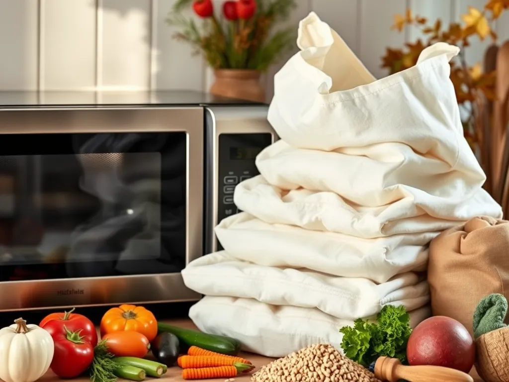 Stack of reusable cotton produce bags next to a microwave, suitable for heating food.