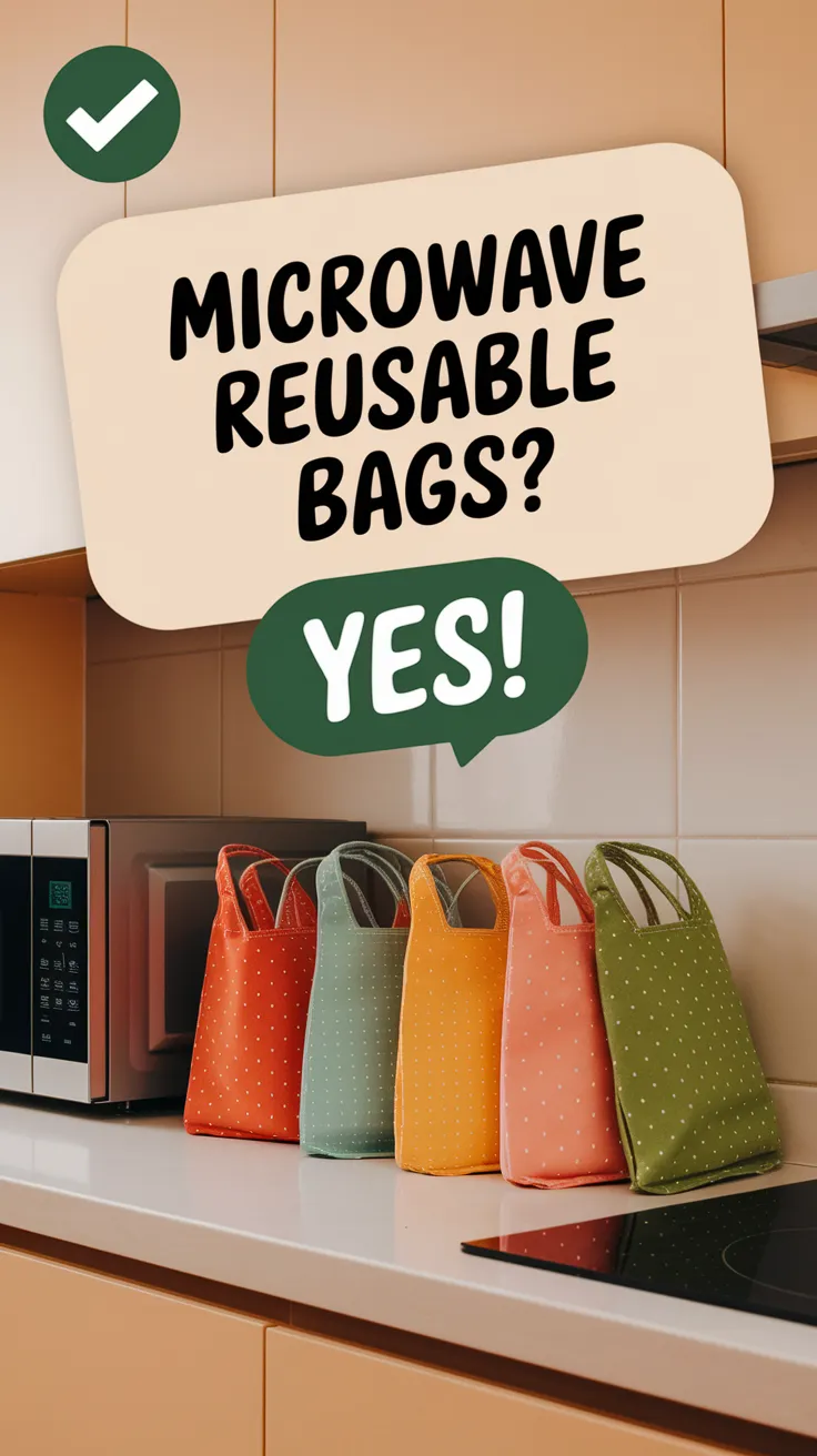 Colorful reusable cotton produce bags with a check mark, indicating they can be microwaved.
