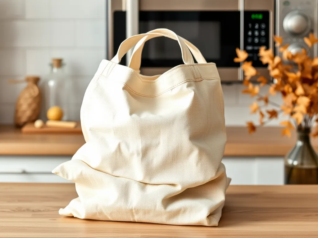 A reusable cotton produce bag on a kitchen countertop, relevant for microwave use.