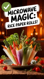Colorful vegetable-filled rice paper rolls for instant spring rolls made with microwave rice paper wrappers.