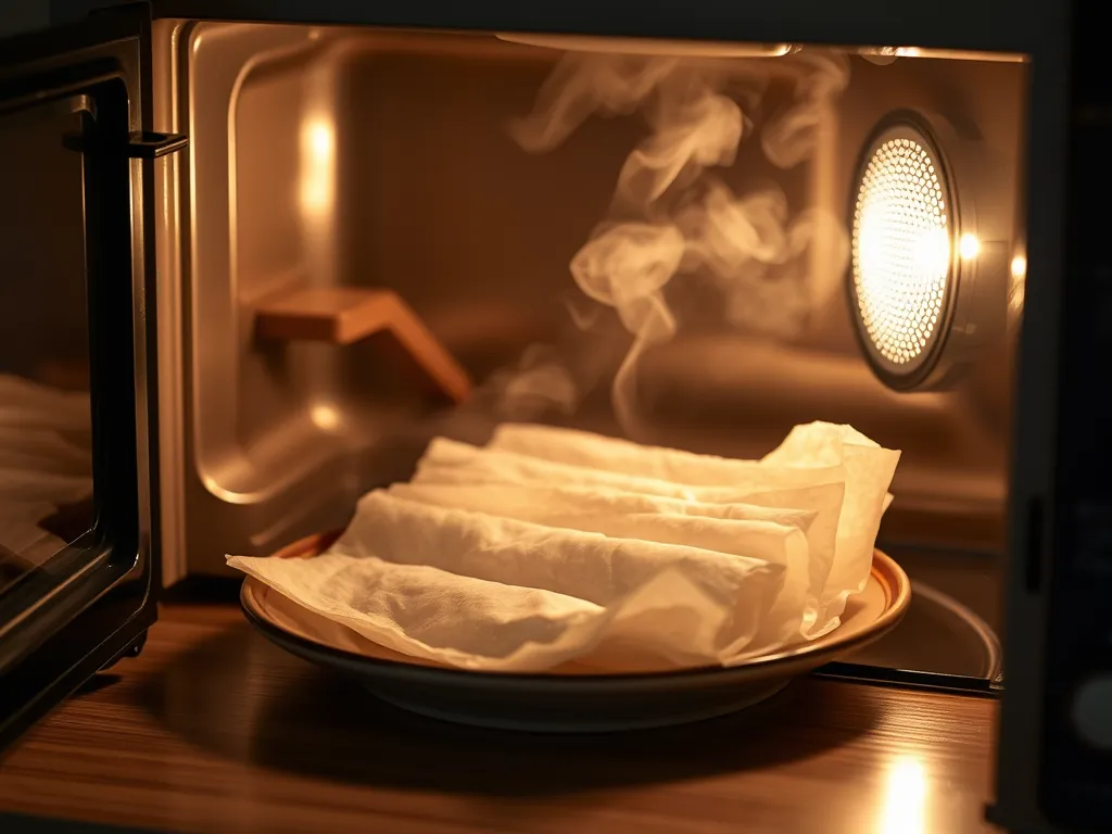 Rice paper wrappers being heated in a microwave for instant spring rolls preparation.