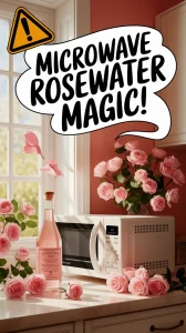 A microwave with rosewater and fresh roses, illustrating the benefits of microwaving rosewater for skincare.
