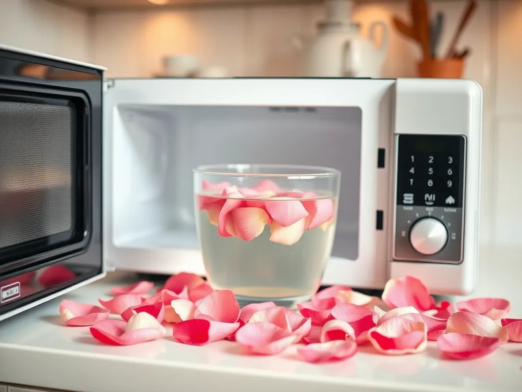 Bowl of rosewater with rose petals inside a microwave for skincare benefits