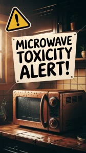 Image showing a rusty microwave with a toxicity alert sign, illustrating the dangers of humidity-induced corrosion.