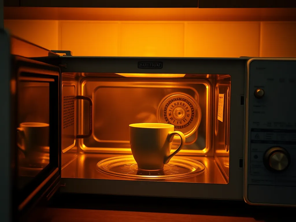 Interior view of a microwave with a cup, demonstrating a hack for rust removal