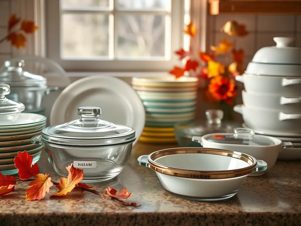 Assorted microwave-safe cookware and containers with labels