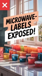 Colorful containers illustrating microwave-safe labels and their meanings