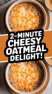 Two bowls of savory oatmeal with melted cheese on top, perfect for a quick meal.